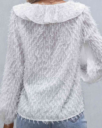 Double Take Ruffle Hem Fringe V-Neck Balloon Sleeve Blouse