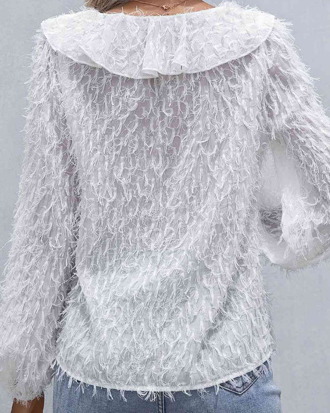 Double Take Ruffle Hem Fringe V-Neck Balloon Sleeve Blouse