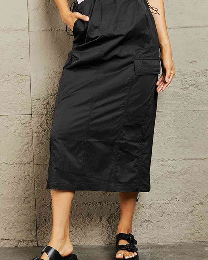 HYFVE Just In Time High Waisted Cargo Midi Skirt in Black