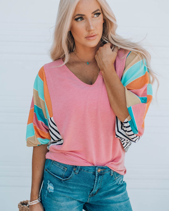 Striped Dolman Sleeve V-Neck Top