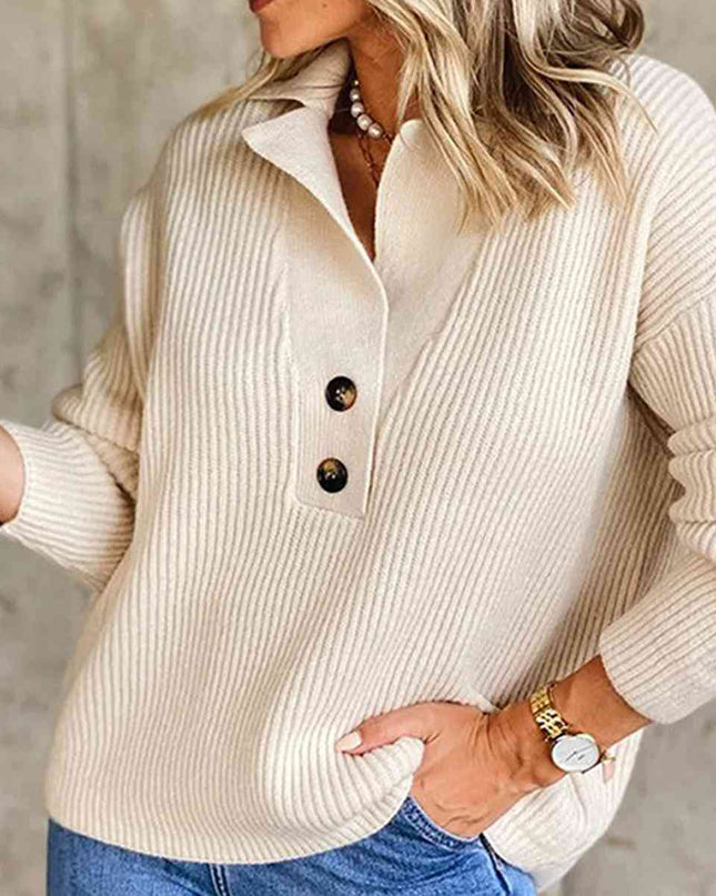 Collared Neck Rib-Knit Top