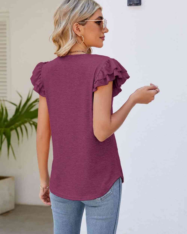 Smocked Flutter Sleeve V-Neck Top