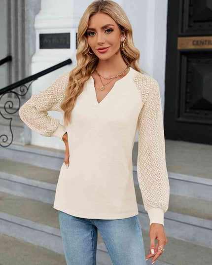 Notched Neck Long Sleeve Blouse