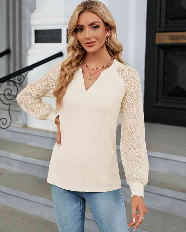 Notched Neck Long Sleeve Blouse