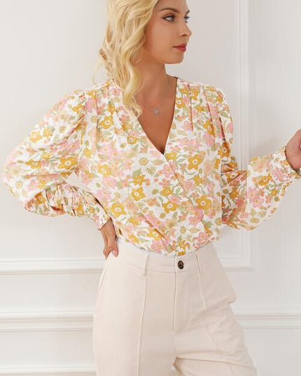 Floral Surplice Lantern Sleeve Bodysuit