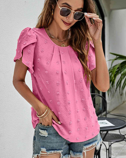 Swiss Dot Round Neck Petal Sleeve Top