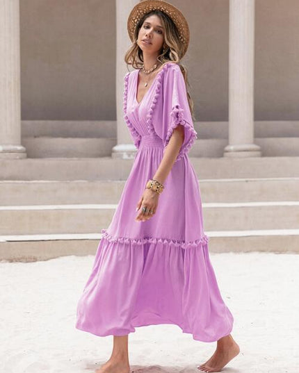 Tassel Trim Smocked V-Neck Short Sleeve Dress