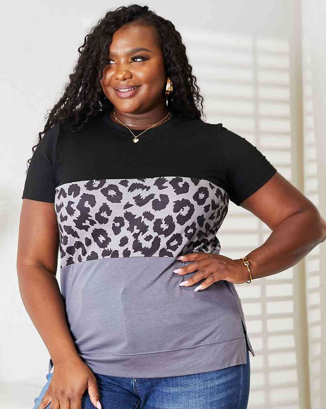 Double Take Leopard Print Color Block Short Sleeve T-Shirt