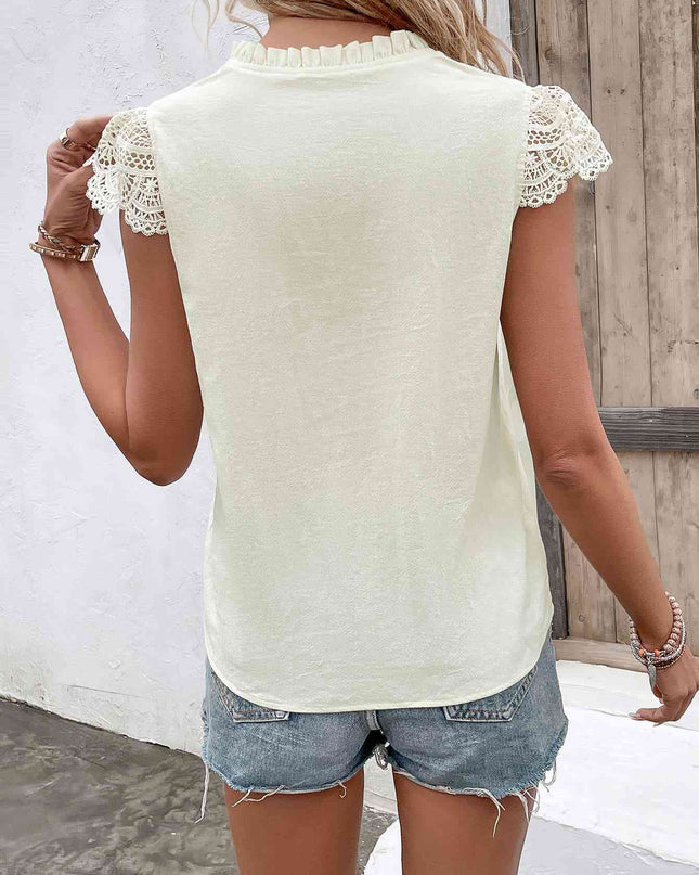 Tie Neck Buttoned Cap Sleeve Blouse
