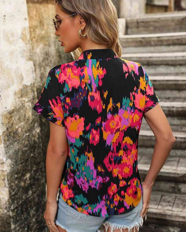 Printed Notched Neck Short Sleeve Blouse