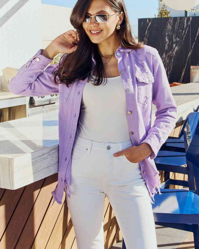 American Bazi Full Size Distressed Button Down Denim Jacket in Lavender