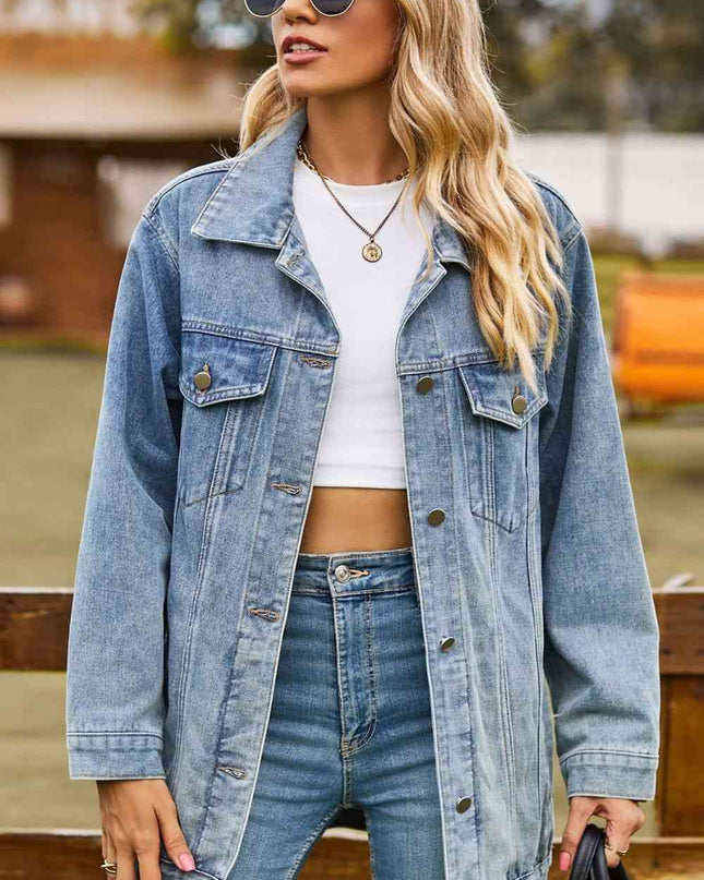 Buttoned Collared Neck Denim Jacket with Pockets