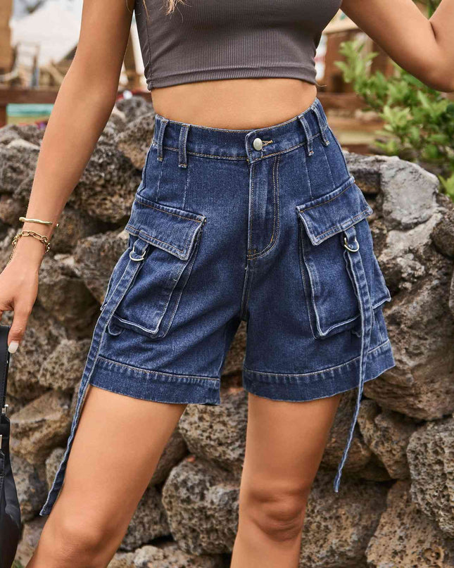 High Waist Denim Cargo Shorts
