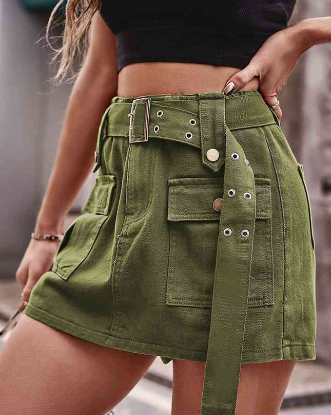 High Waist Denim Cargo Shorts
