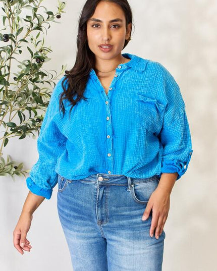 Zenana Full Size Washed Raw Trim Button Down Shirt