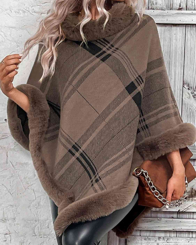 Plaid Faux Fur Trim Poncho