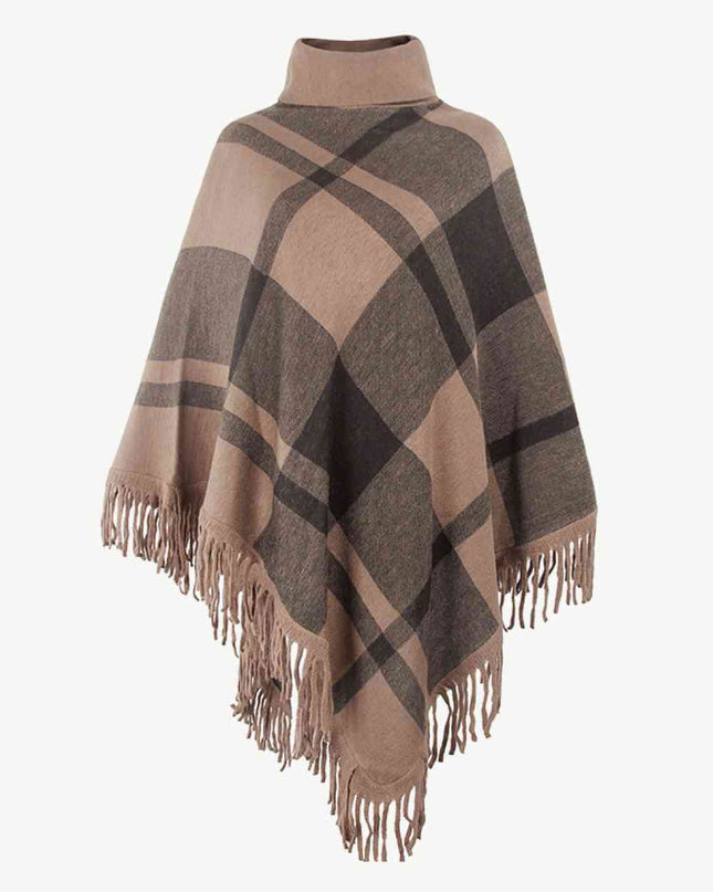 Plaid Turtleneck Fringe Hem Poncho