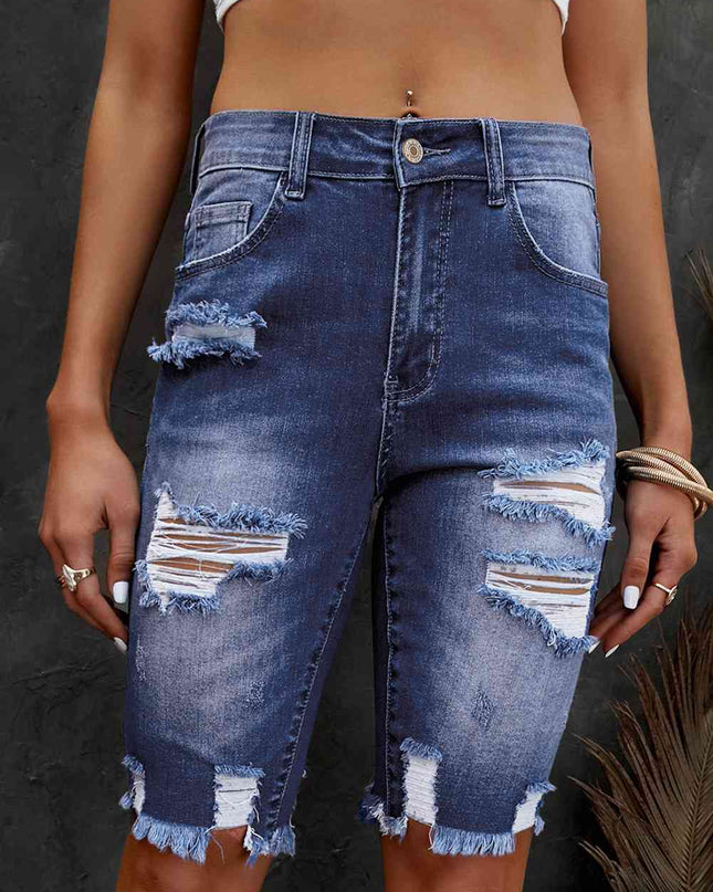 Distressed Frayed Hem Denim Bermuda Shorts