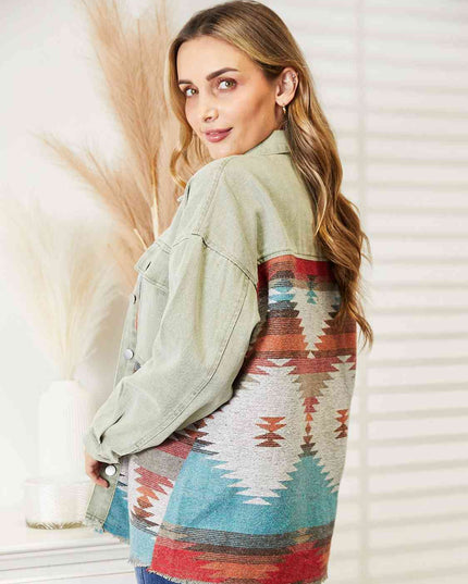 Dropped Shoulder Long Sleeve Printed Denim Jacket