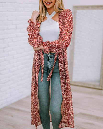 Leopard Tie Waist Flounce Sleeve Cover Up