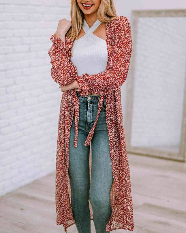 Leopard Tie Waist Flounce Sleeve Cover Up