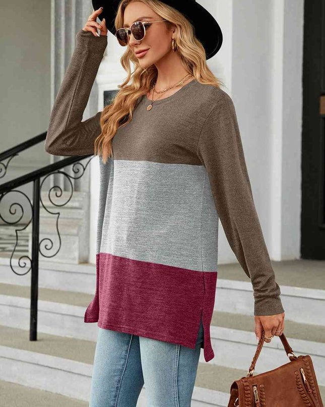 Color Block Round Neck Long Sleeve Slit T-Shirt