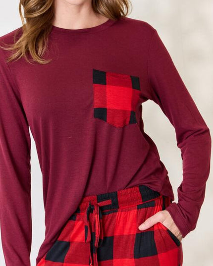 Zenana Full Size Plaid Round Neck Top and Pants Pajama Set