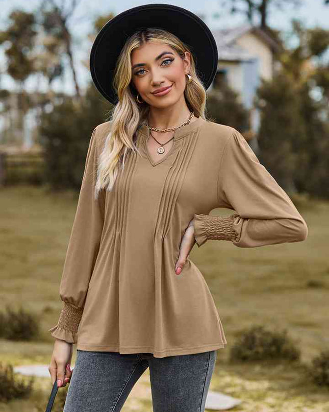 Notched Neck Flounce Sleeve Blouse
