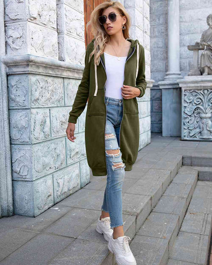 Zip-Up Longline Hoodie with Pockets
