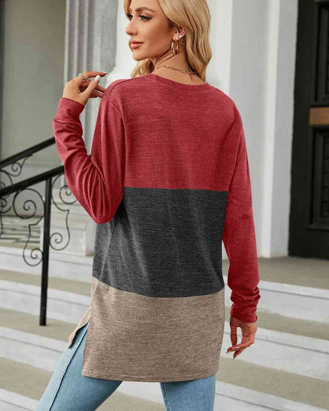 Color Block Round Neck Long Sleeve Slit T-Shirt