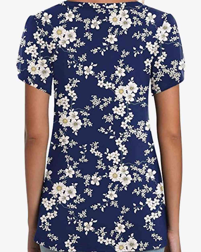 Printed Petal Sleeve V-Neck Blouse