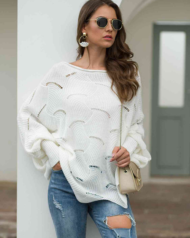 Full Size Boat Neck Lantern Sleeve Openwork Knit Top
