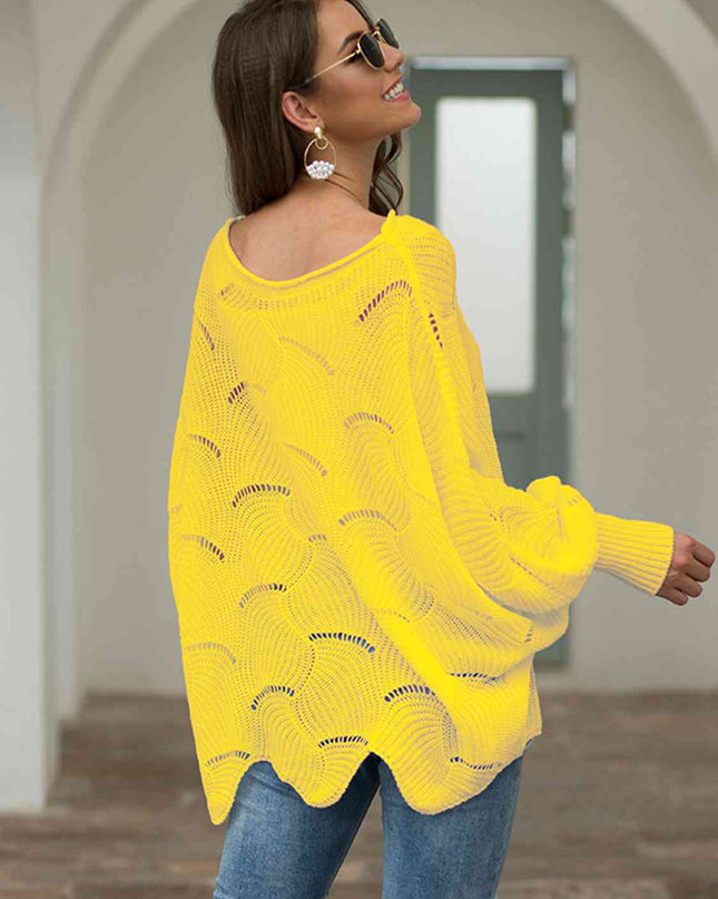 Full Size Boat Neck Lantern Sleeve Openwork Knit Top