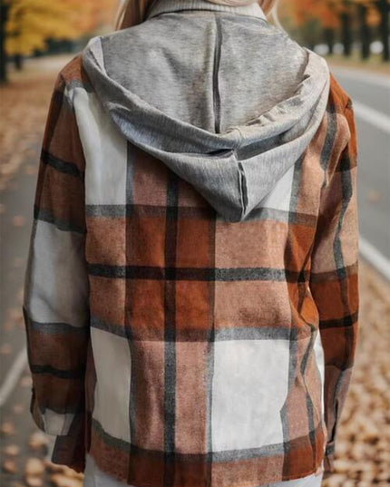 Plaid Button Up Drawstring Hooded Shirt