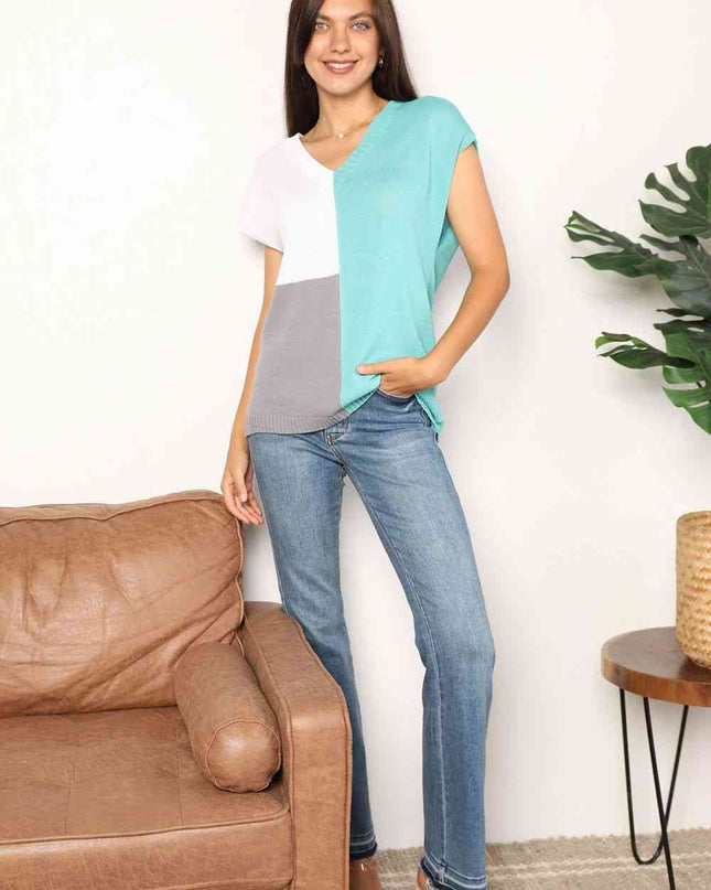 Double Take Color Block V-Neck Knit Top
