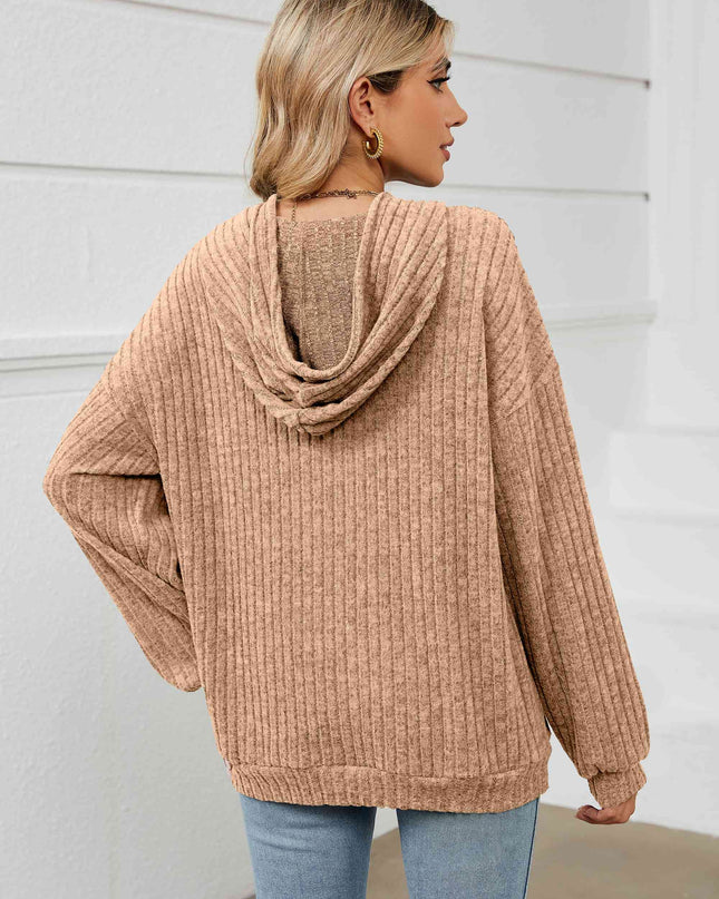 Drawstring Dropped Shoulder Ribbed Hoodie