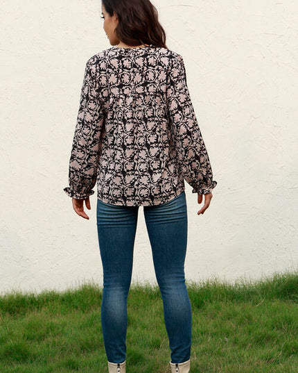 Floral Flounce Sleeve Round Neck Blouse