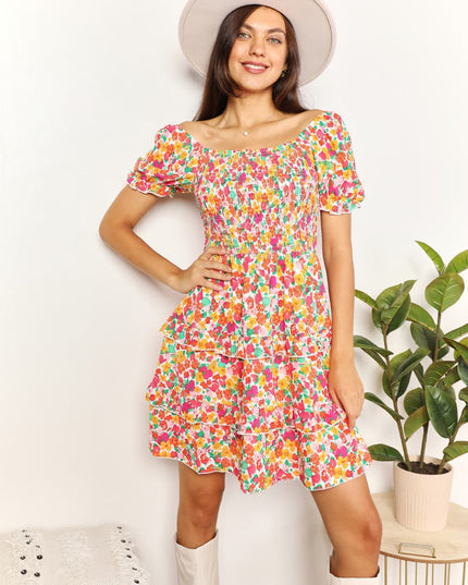 Double Take Smocked Sweetheart Neck Flounce Sleeve Mini Dress
