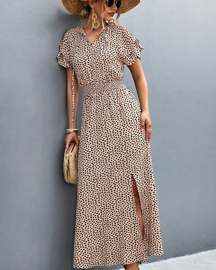 Printed Tie-Neck Flutter Sleeve Split Dress