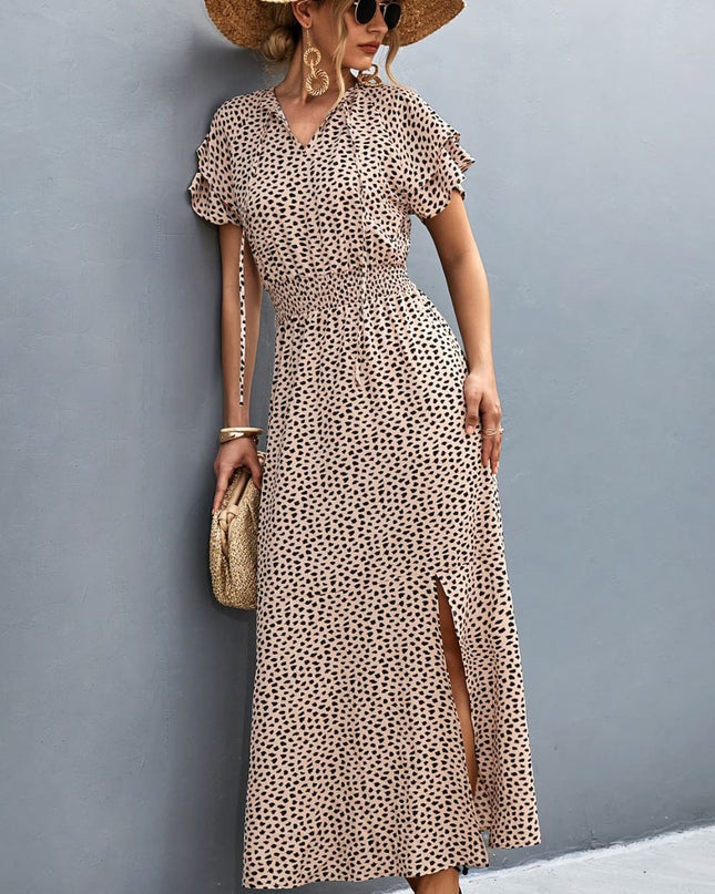Printed Tie-Neck Flutter Sleeve Split Dress