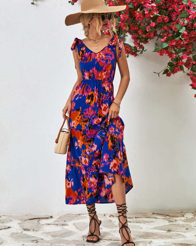 Multicolored V-Neck Backless Midi Dress