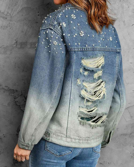 Pearl Detail Distressed Button Up Denim Jacket