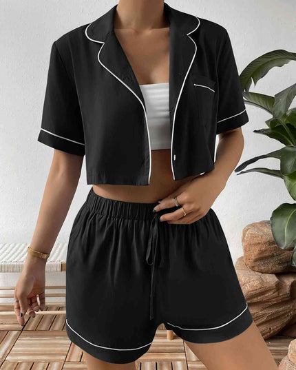 Contrast Lapel Collar Cropped Shirt and Shorts Lounge Set