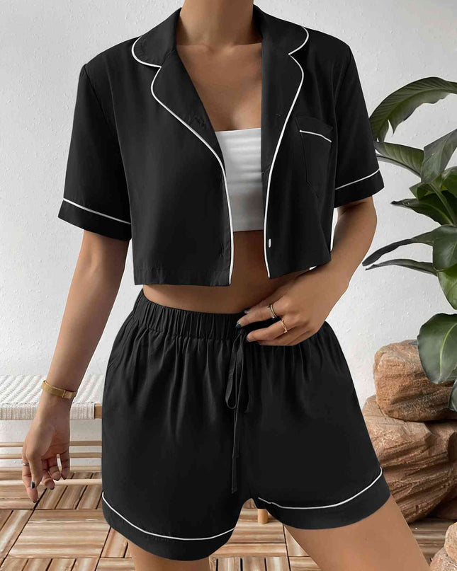 Contrast Lapel Collar Cropped Shirt and Shorts Lounge Set