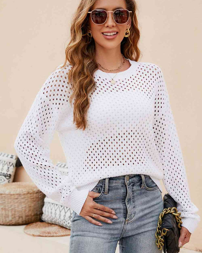 Round Neck Openwork Dropped Shoulder Knit Top