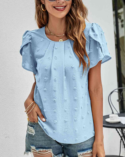 Swiss Dot Round Neck Petal Sleeve Top
