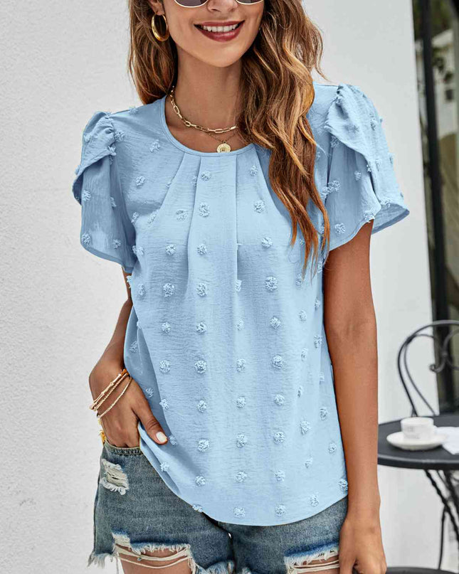 Swiss Dot Round Neck Petal Sleeve Top