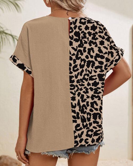 Leopard Contrast Round Neck Short Sleeve Top