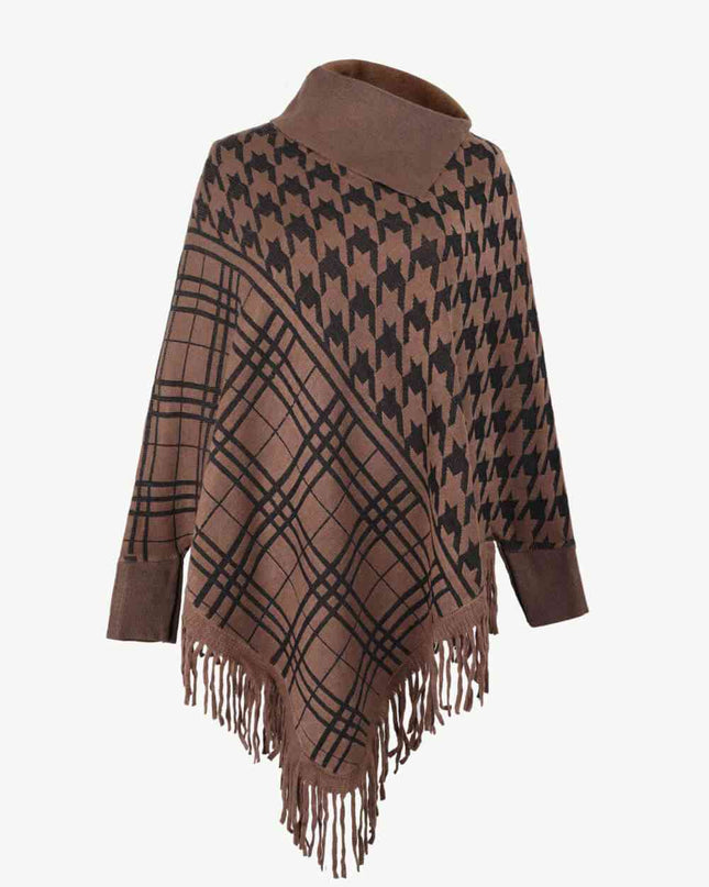 Houndstooth Turtleneck Fringe Hem Poncho