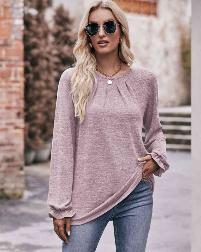 Double Take Long Flounce Sleeve Round Neck Blouse